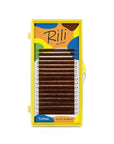 Rili Toffee light brown eyelash extensions 16 line tray showing warm caramel colored lash strips on foil backing