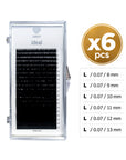 Lovely Ideal black eyelash extension tray shown on a white background, with a gold circular badge reading 'x6 pcs' and a size chart listing lengths from 8 mm to 13 mm.