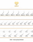 Lovely eyelash extension curl chart showing bend types (B, C, C+, D, CC, M, L, L+), thickness options (0.05-0.23mm), and length range (5mm-18mm)