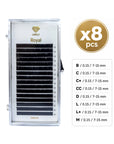 Lovely Royal eyelash extension tray on a white background, featuring a clear plastic case with black lashes and a gold logo. A gold circular badge indicates 'x8 pcs' and a white box on the right lists lash style codes B through M with sizes 0.