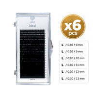 Lovely Ideal eyelash extension tray shown on a white background, with a gold circular badge reading 'x6 pcs' and a size chart listing lengths from 8 mm to 13 mm.