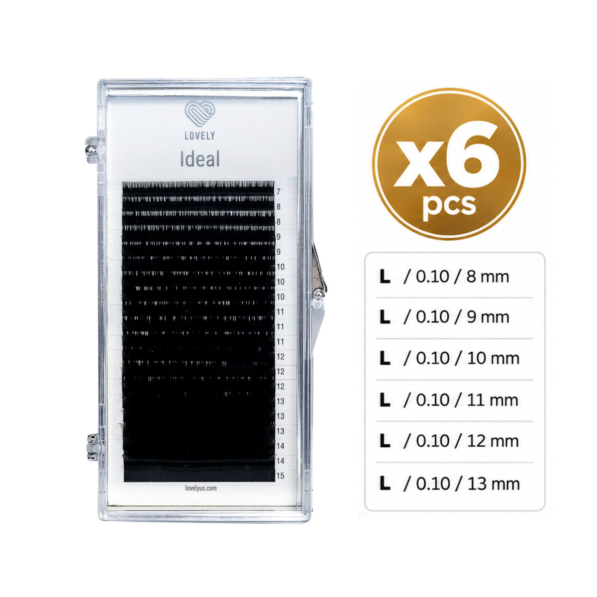 Lovely Ideal eyelash extension tray shown on a white background, with a gold circular badge reading 'x6 pcs' and a size chart listing lengths from 8 mm to 13 mm.