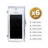 Lovely Ideal black eyelash extension tray shown on a white background, with a gold circular badge reading 'x6 pcs' and a size chart listing lengths from 8 mm to 13 mm.