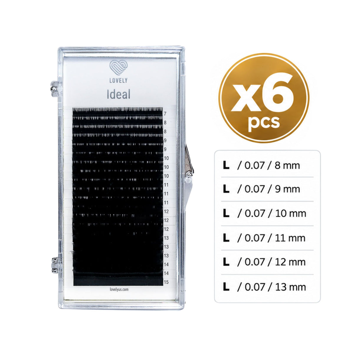 Lovely Ideal black eyelash extension tray shown on a white background, with a gold circular badge reading 'x6 pcs' and a size chart listing lengths from 8 mm to 13 mm.