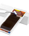 Close-up of Rili Cookie brown lash extensions showing soft milk chocolate color and premium Korean fiber quality